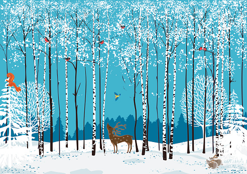 Birch trees with perching flock of bullfinches and different animals around in a winter forest