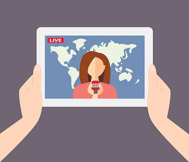 Vector illustration of Female TV presenter, reporter, journalist, correspondent tells l