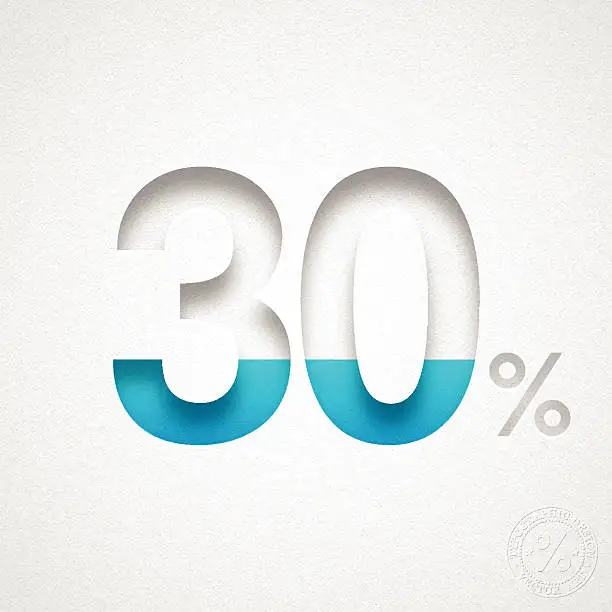 Vector illustration of Thirty Percent Design (30%) - Blue number on Watercolor Paper