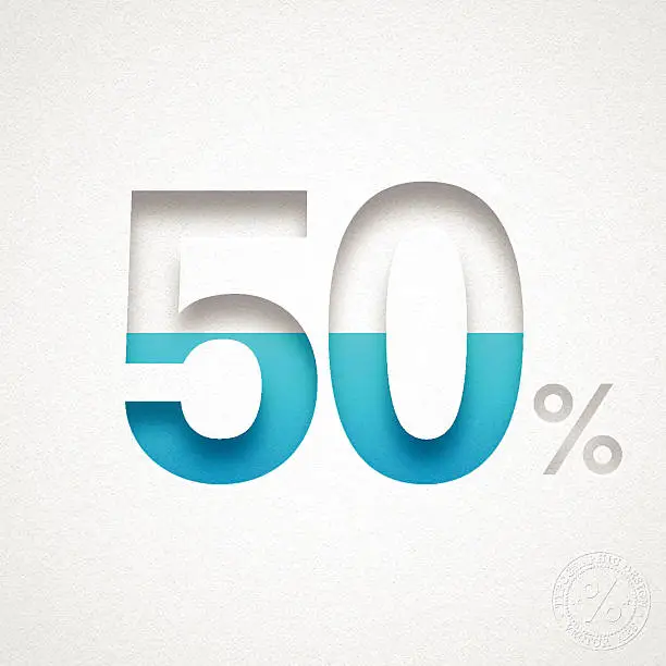 Vector illustration of Fifty Percent Design (50%) - Blue number on Watercolor Paper