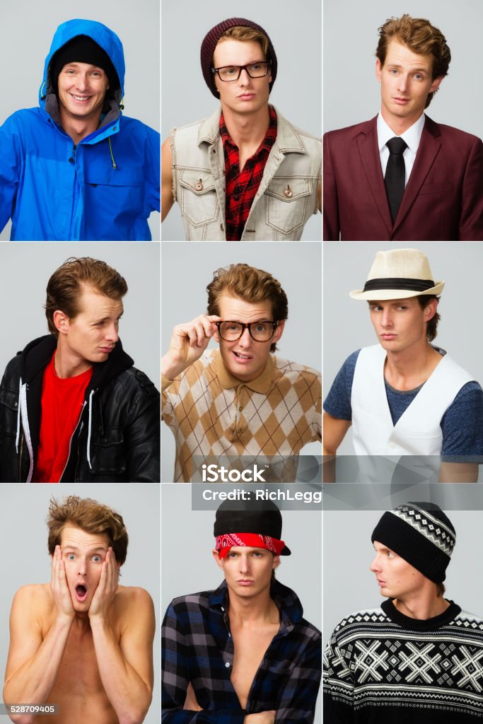 Many Personalities Nine versions of the same young man, all wearing different wardrobe and showing differing expressions. Variation Stock Photo