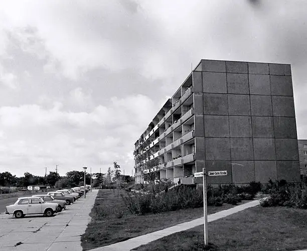 Many DDR-Cars of the marque Trabant in Front of great blocks of flats in the year 1986 in Stendal