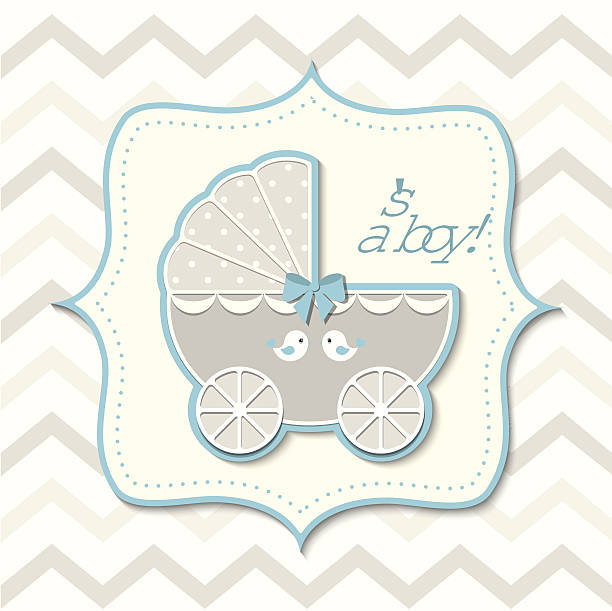 gray and bkue vintage stroller on abstract chevron background in srapbooking style, baby shower, vector illustration, eps 10 with transparency