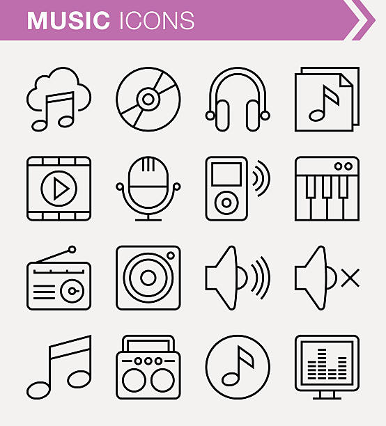 ilustrações, clipart, desenhos animados e ícones de linha fina conjunto de ícones de música. - dvd player computer icon symbol icon set