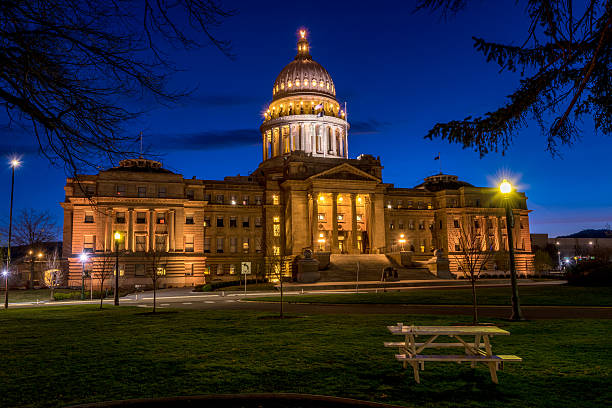 istock Picnic table at night with capital in Boise Idaho 528713362