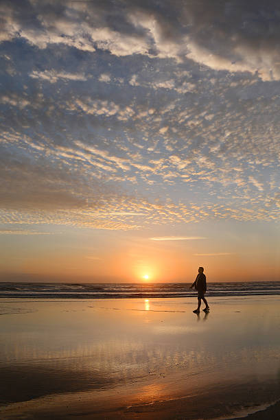 istock Man walking on the beach at sunrise. 528713942