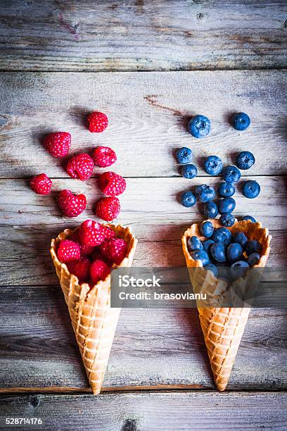 Berries In Waffle Cones Stock Photo - Download Image Now - Basket, Blue, Blueberry