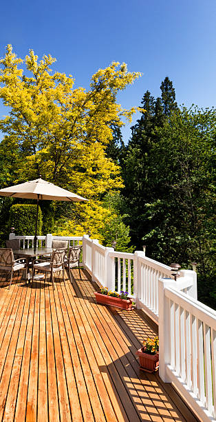 istock outdoor cedar deck with blooming trees and blue sky i 528714768