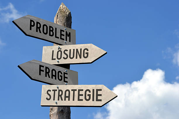 Problem, slogan, question, strategy - signpost in English Wooden signpost with 4 arrows and words on them, blue sky in background. crossroads sign stock pictures, royalty-free photos & images
