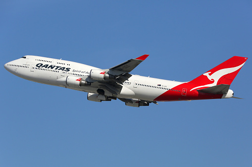 Los Angeles, USA - February 20, 2016: A Qantas Boeing 747-400 with the registration VH-OEE takes off from Los Angeles International Airport (LAX) in the USA. Qantas is the flag carrier airline of Australia based in Sydney.