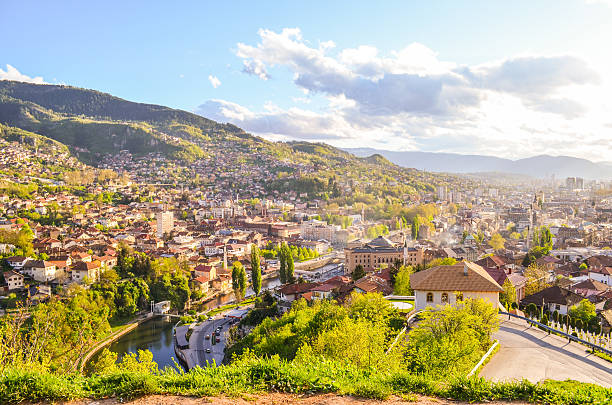 Aerial view of Sarajevo, spring sunny day Aerial view of Sarajevo, the capital city of Bosnia and Hercegovina on spring sunny day bosnia and herzegovina photos stock pictures, royalty-free photos & images