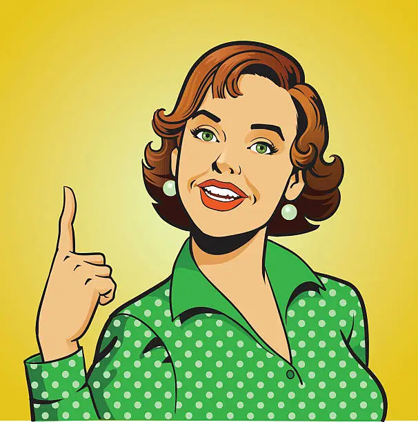 Vector illustration of Woman Pointing Her Finger Up - Retro Style Gesture