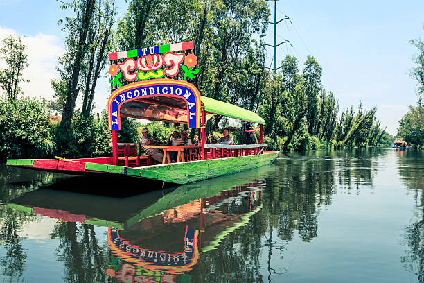 Trajinera Boats In The Canals, Xochimilco - Mexico City Mexico City, Mexico - May 1, 2016: Trajinera boats in the canals of Xochimilco, in a sunny afternoon of spring. The colorful boat stand out over the green waters of the quiet canal. trajinera stock pictures, royalty-free photos & images