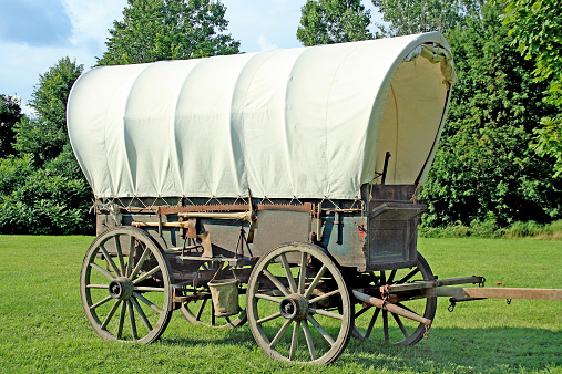 Covered wagon with a beautiful landscape background.
