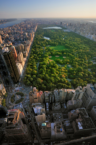 Aerial view of Central Park and Columbus Circle, Manhattan, New York; Park is surrounded by skyscraperCentral Park aerial view, Manhattan, New York; Park is surrounded by skyscraper