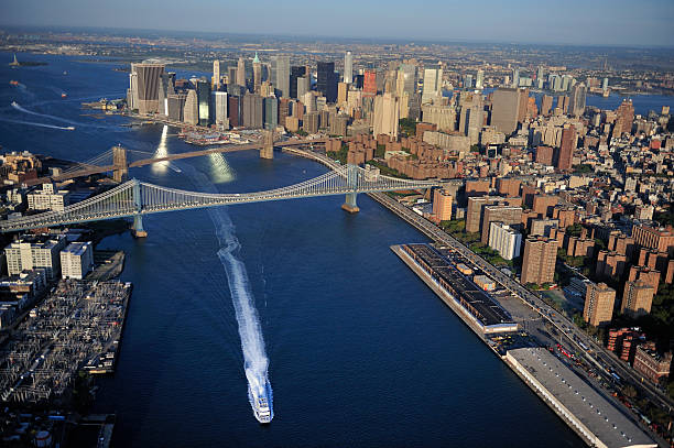 Aerial view of Lower Manhattan, Brooklyn Bridge, Manhattan Bridg stock photo