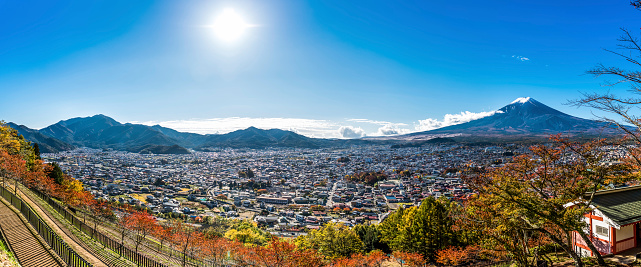 Mount Fuji view from Red pagoda in japan. panorama view