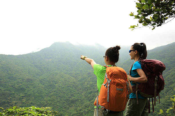 istock two successful hikers enjoy the view on mountain peak 528728754