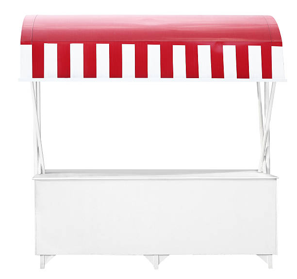istock White market stall with red striped awning 528729186