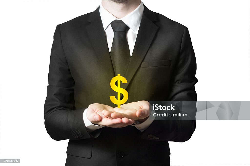 businessman serving gesture dollar symbol businessman in black suit serving gesture golden dollar symbol Adult Stock Photo