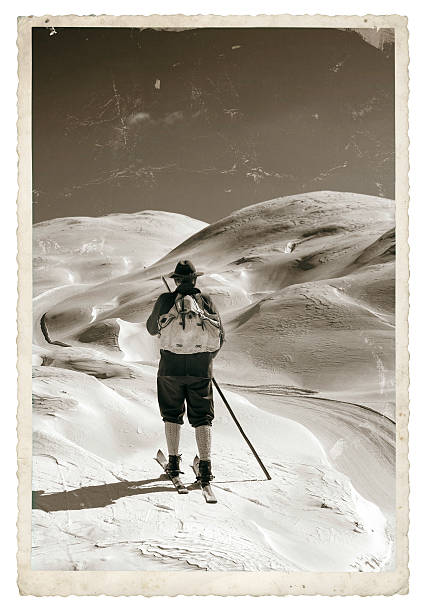 Vintage photo with old skier Vintage photo with old skier with traditional old wooden skis ski photos stock pictures, royalty-free photos & images