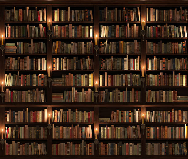 Two-storied Bookshelf. Seamless texture (vertically and horizontally). Background. Mysterious library with candle lighting. library photos stock pictures, royalty-free photos & images