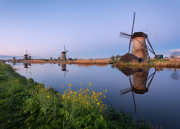 istock Landscape with beautiful traditional dutch windmills at sunrise 528742230