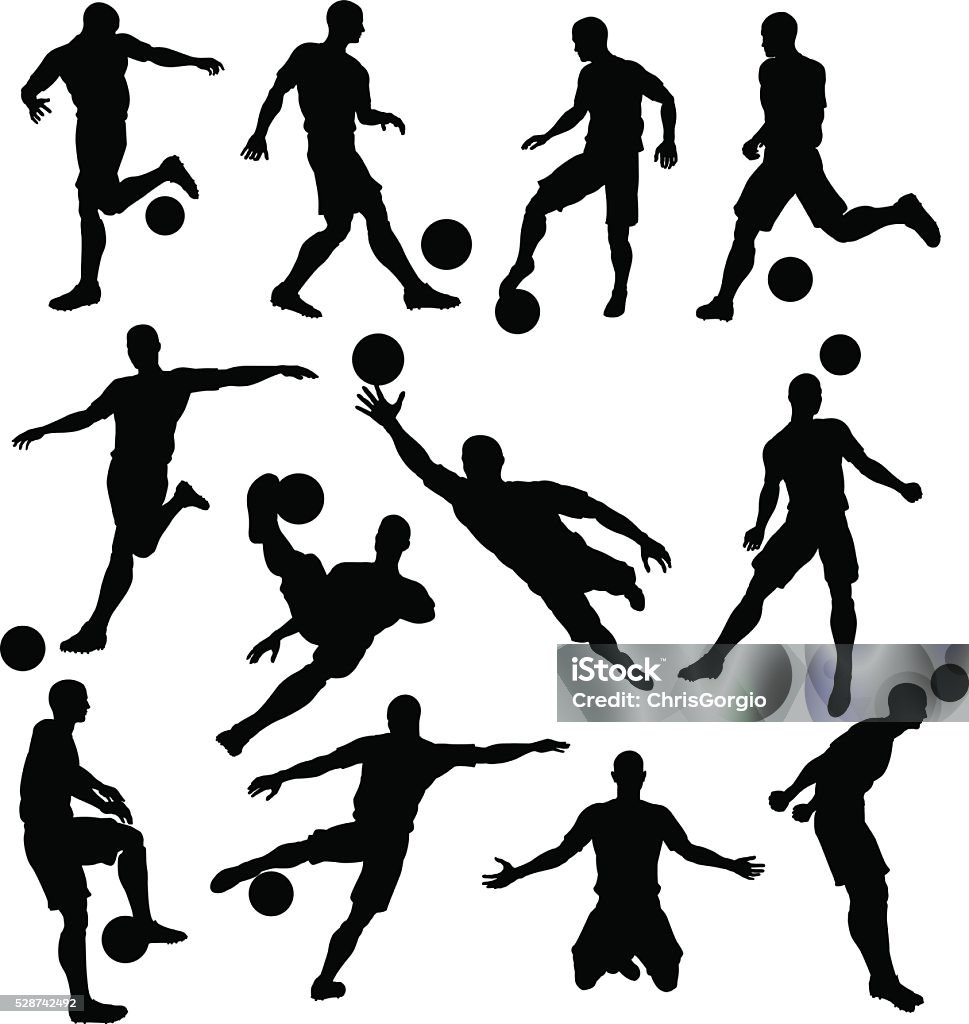 Soccer Player Silhouettes A set of Soccer Player Silhouettes in lots of different poses In Silhouette stock vector