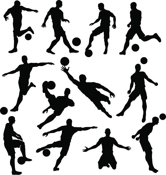 Soccer Player Silhouettes A set of Soccer Player Silhouettes in lots of different poses soccer soccer player goalie playing stock illustrations