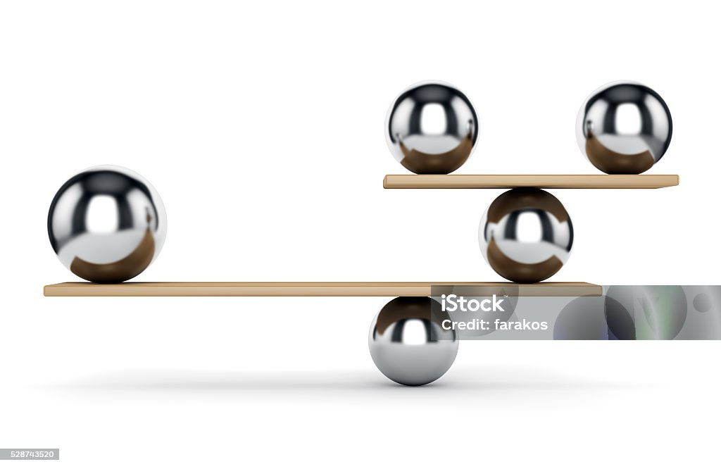 Metal spheres on scale Abstract balance and harmony concept. Weight scale: metal spheres on plank isolated on white background. 3D illustration Balance Stock Photo