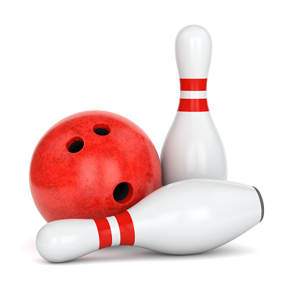 Bowling ball with marble texture and pair of pins with red stripes isolated on white background. 3D illustration