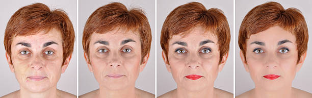 femme avant et après l'application de maquillage et ordinateur retouches - make over series photos et images de collection