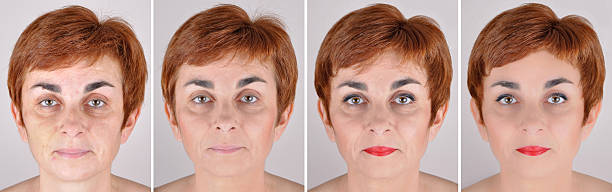 istock Woman before and after applying make-up and computer retouching 528743755