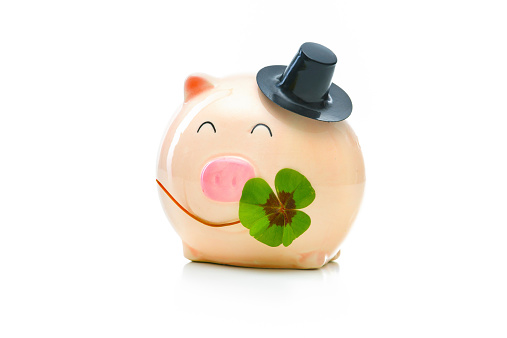 Four-leafed clover and piggybank with money