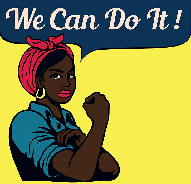 We can do it! Vintage Poster, black working woman We can do it! Vintage wartime propaganda poster design with black working woman rolling up her sleeves, emancipation, black women's liberation, gender equality, black power 1940s style stock illustrations