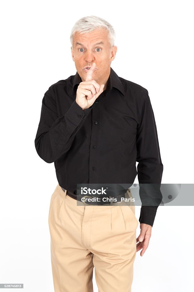Handsome man doing different expressions in different sets of clothes: Handsome man doing different expressions in different sets of clothes: be quietHandsome man doing different expressions in different sets of clothes: waving Finger on Lips Stock Photo