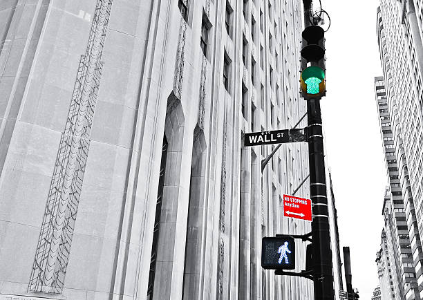 Wall Street road sign and traffic lights. stock photo