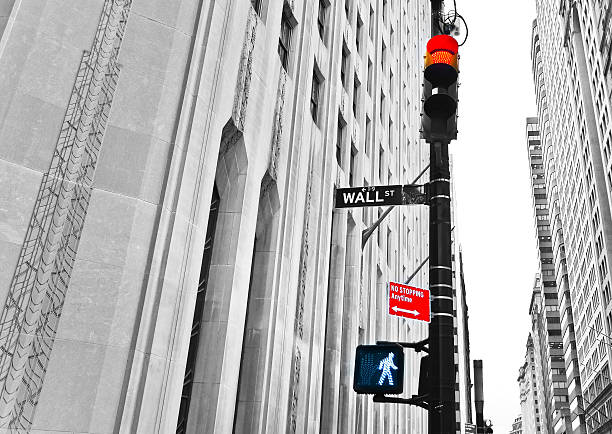 Wall Street road sign and traffic lights stock photo