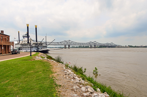 Looking across a Riverboat Casino at the bridge crossing the Mississippi River from Natchez Mississippi to Louisiana.