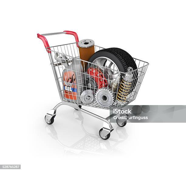 Auto Parts In The Trolley Auto Parts Store Automotive Basket Shop Stock Photo - Download Image Now