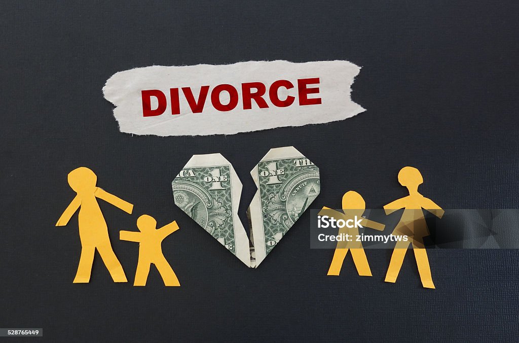 Red divorce text Paper family and broken money heart with Divorce text Alimony Stock Photo