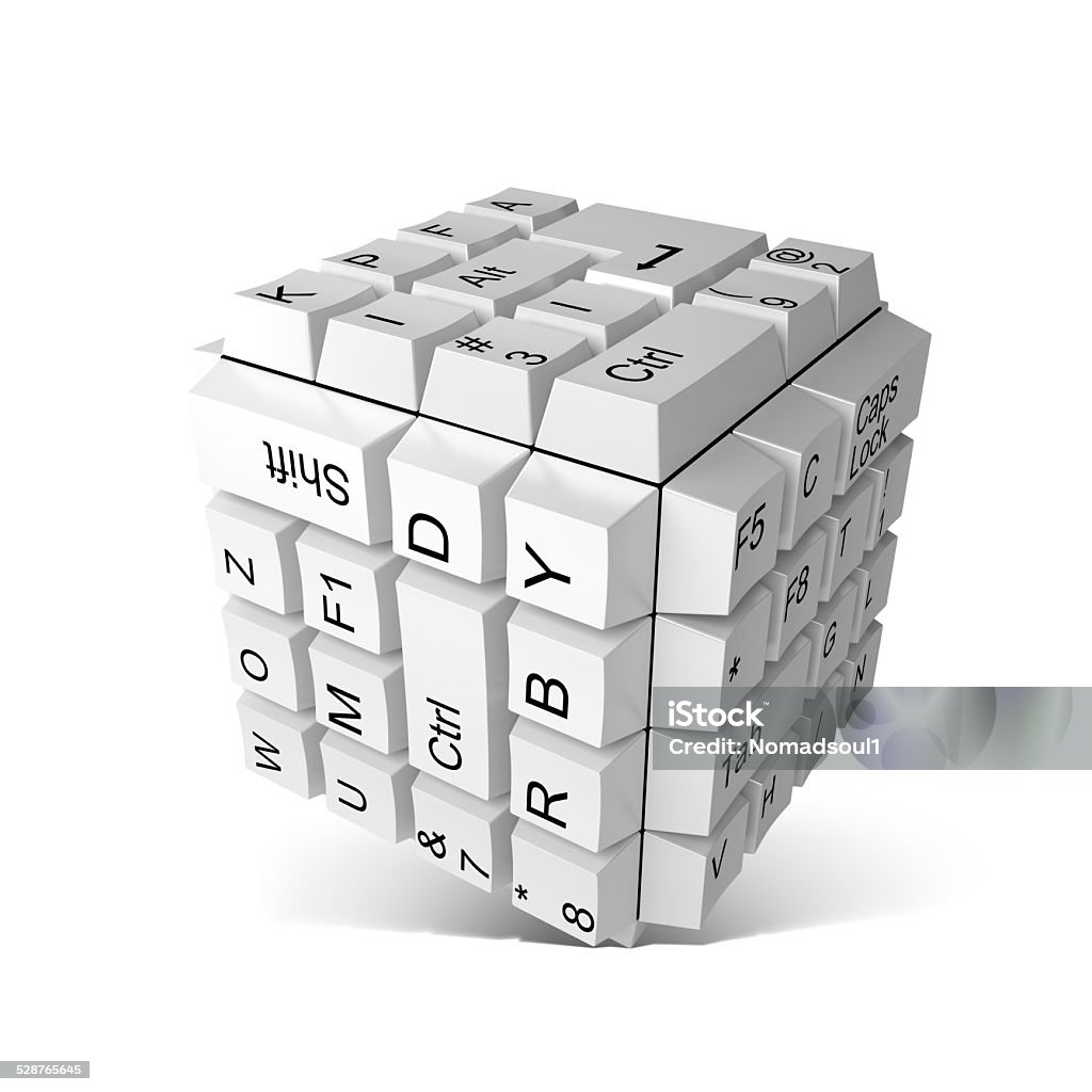 Random keyboard keys forming a cube Random keyboard keys forming a cube on white background Abstract Stock Photo