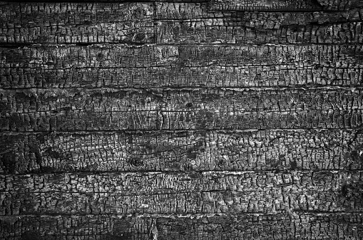 Charred сharcoal burn black wall of planks. Full frame. Background
