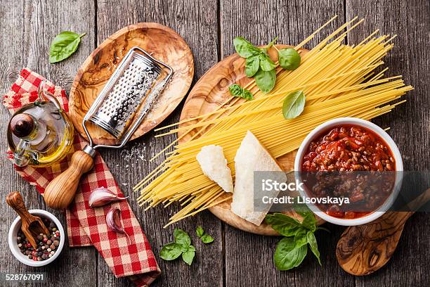 Ingredients For Spaghetti Bolognese Stock Photo - Download Image Now - Bolognese Sauce, Basil, Beef