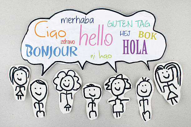 Hello in Different Languages Hello speech bubble in different languages concept with group of sketch people bilingual stock pictures, royalty-free photos & images