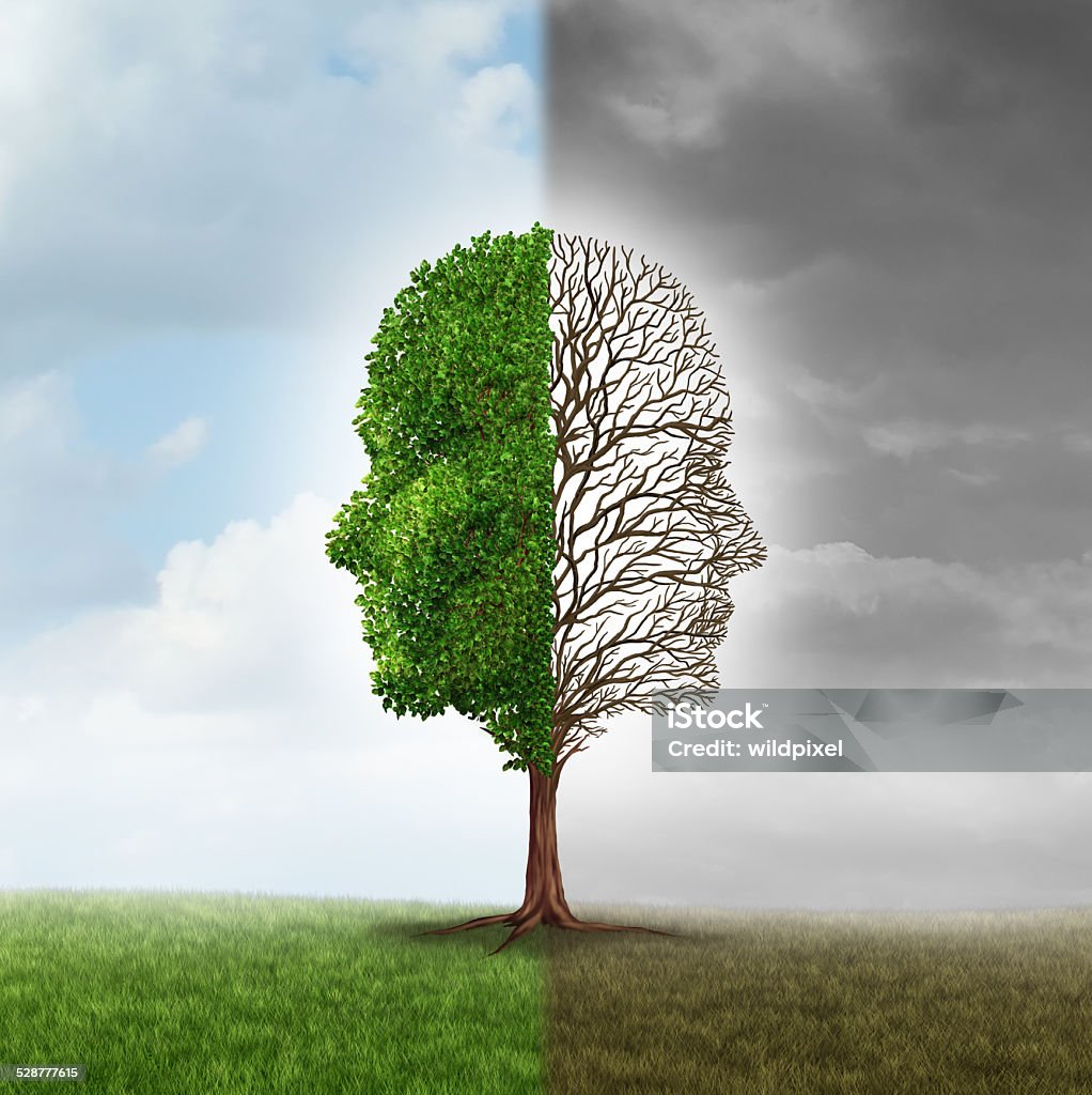 Human Emotion Human emotion and mood disorder as a tree shaped as two human faces with one half empty branches and the opposite side full of leaves in the summer as a medical metaphor for psychological issues pertaining to contrast in feelings. Mental Health Stock Photo