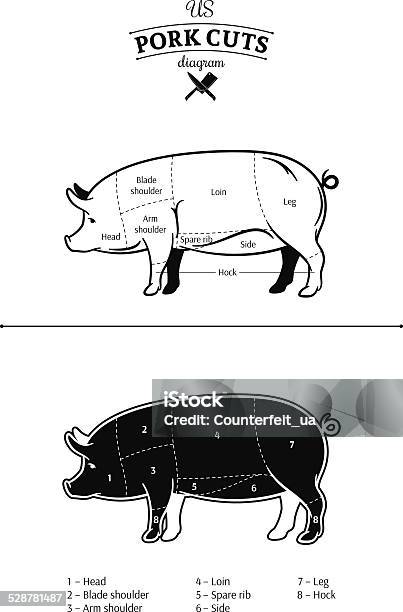 American Pork Cuts Diagram Stock Illustration - Download Image Now - Cutting, Pig, Pork