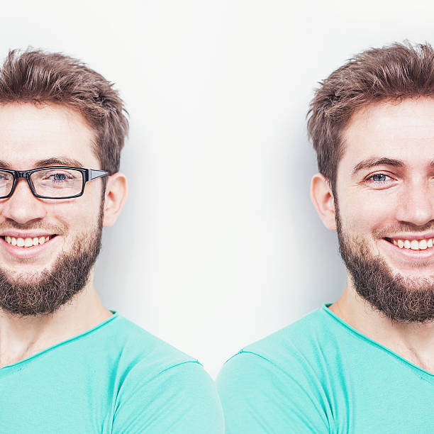 istock Smiling man with eyesight problems. Glasses vs contact lenses concept 528795601
