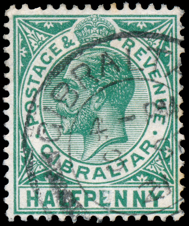 GIBRALTAR - CIRCA 1912: A stamp printed in GIBRALTAR shows image of the George V was King of the United Kingdom and the Dominions of the British Commonwealth, circa 1912.