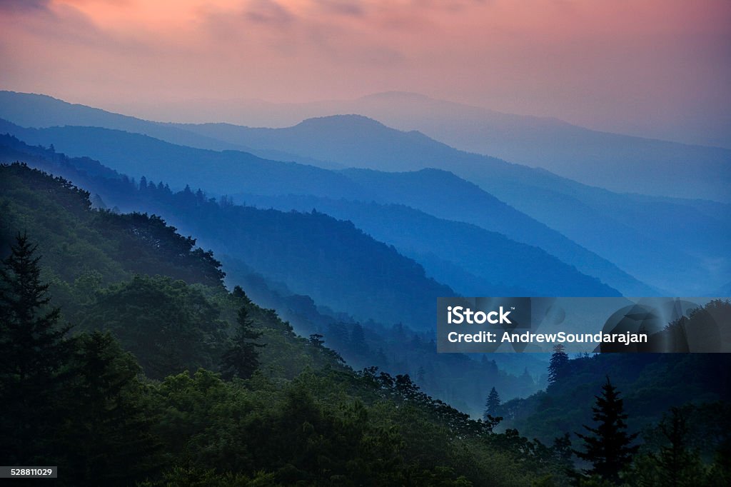 Smoky Mountain Morning The mountain ridges of the Smokies are bathed in blue at sunrise Appalachia Stock Photo